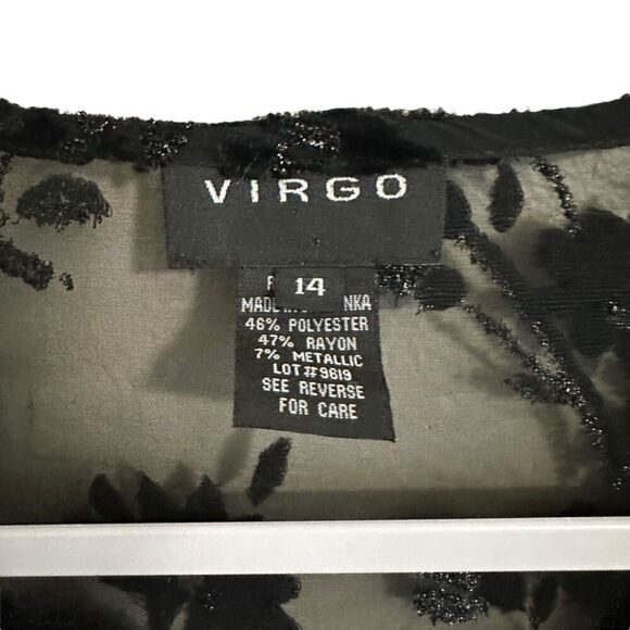 Virgo Velvet Blouse Womens 14 Black Sheer Sparkle Collard Floral Whimsigoth - Picture 3 of 6